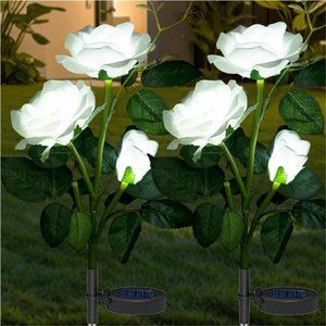 Solar Flowers Garden Lights for Outdoor Decor, 2 Pack Artificial Fake White Rose